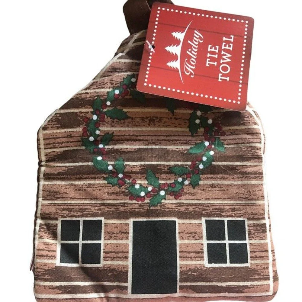 Christmas Hanging Dish Towel Log Cabin Button Tie Home for the Holidays Set of 2